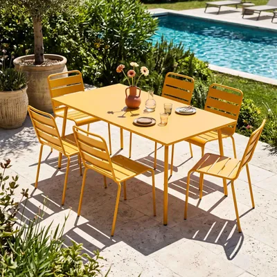 Image de Ensemble table de jardin et 6 chaises en métal jaune - Oviala Palavas