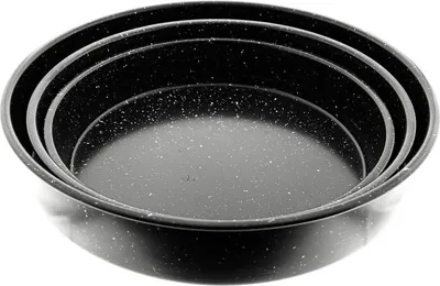 A set of three black baking pans with a speckled granite-like pattern, nested inside each other.