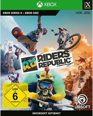 The image is a marketing image for the video game Riders Republic, showing various characters engaged in extreme sports like snowboarding and mountain biking.