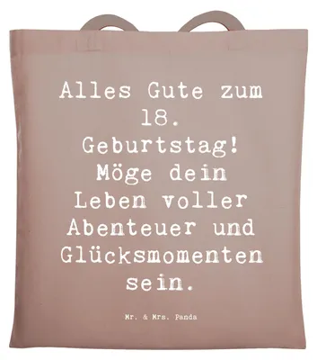 Produktbild von Mr. & Mrs. Panda Tote Bag Spruch 18. Geburtstag - Braun Pastell - Geschenk, Einkaufstasche, Freiheitsgefühl, Geburtstagsgeschenk, Jutebeutel, Geburtstagswünsche, Tasche
