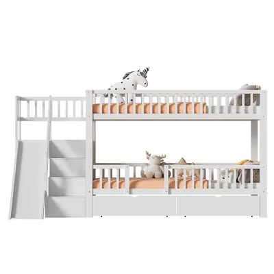 Produktbild von Hausbett mit Rutsche und Treppen 2 Schubladen magnetischer Tür Kinderbett Doppelbett Etagenbett 90*200cm Weiß