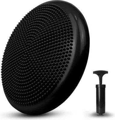 Zdjęcie produktu dla Poduszka balansująca Unyqoos® Balancekissen, poduszka siedziska, średnica 34 cm, nadmuchiwana, z wypustkami, PVC, grubość 5 cm, do 200 kg, w zestawie pompka, waga 850 g, kolor czarny – Core & Reha