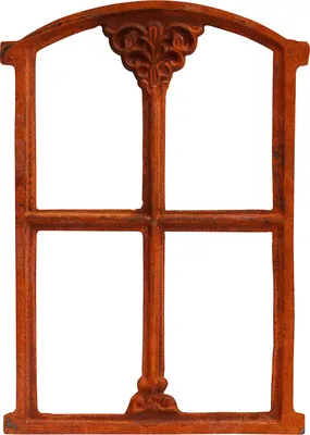 A decorative cast iron window frame with an antique style.