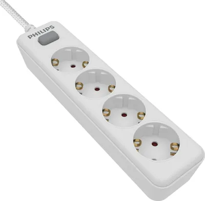 Obrázek produktu pro Philips SPN1142WA/10 - Napájecí lišta se 4 zásuvkami Schuko, více zásuvek, prodloužení proti krádeži, přepěťová ochrana pro děti, vypínač, kabel 2 metry - barva bílá