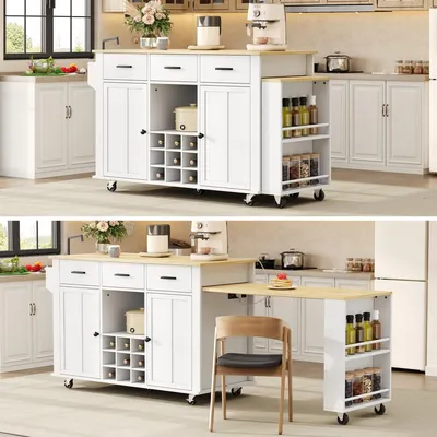 Produktbild von Kücheninsel mit Rollen Ausziehbarer Esstisch Steckdose Weinregal Servierwagen Sideboard Küchentisch Natur Weiß 136x50x93 cm