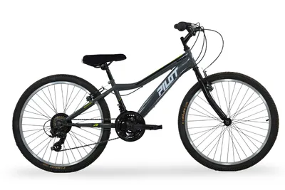 Produktbild von Pilot Bike 24 Zoll Mountainbike MTB Grau, Shimano 21-Gang, Stahlrahmen, V-Brakes, Jugendfahrrad für Jungen & Mädchen