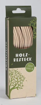 A box of wooden cutlery with a window showing the product inside.