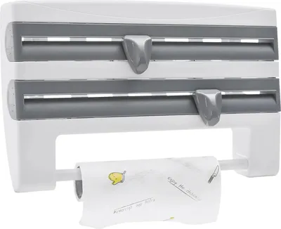 Produktbild von Küchenrollenhalter - Wandmontage - Mit Cutter - Gewürzregal und Ablage - Platzsparend - Hellgrau