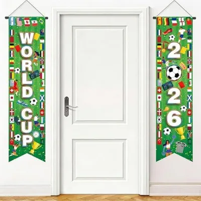 Produktbild von 2 Fußball WM Türbanner 2026, 117x30cm Weltmeisterschaft Tür Banner zum Aufhängen für Deko Public Viewing Outdoor Indoor Fußballfans Geschenk (Stil 1)