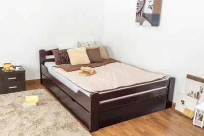 Produktbild von Einzelbett/ Funktionsbett "Easy Premium Line" K4, inkl. 2 Schubladen und 1 Abdeckblende, 140 x 200 cm Buche Vollholz massiv schokobraun lackiert