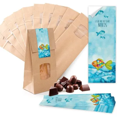 Produktbild von Verpackung 10 kleine braune Blockbodenbeutel Geschenk-Tüte MIT Fenster + Pergamineinlage 10,5 x 6,5 x 29 cm + 10 Aufkleber 5 x 15 cm Welt nur für Dich rosa pink HERZRegenbogenfisch / 25 Stück