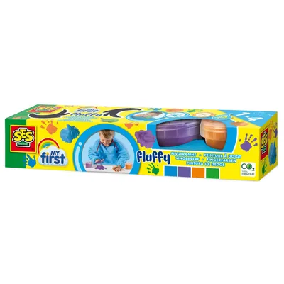 Produktbild von SES Creative My First 14441 Fluffy Fingerfarbe, Luftige Malset für Kleinkinder, ab 1 Jahr, Blau, Grün, Orange, Violett, Waschbar, Gluten-frei, 110 ml