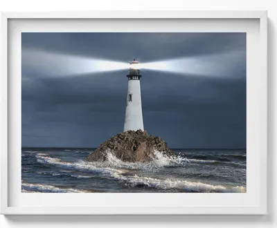 Produktbild von Leuchtturm– Wandbild mit Rahmen – Gerahmtes Bild  – Wanddekoration – 80x60 cm –  Weiß Rahmen
