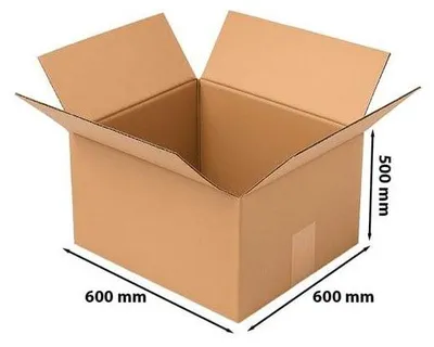 A brown cardboard box with its flaps open, showing dimensions.