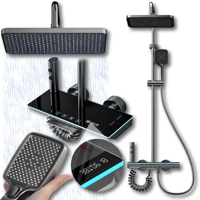 Produktbild von Heckermann U9 Duschsystem mit Thermostat, Graphit – 28 cm XXL-Regendusche, LED-Display, LED-Ablage, 3 Strahlarten