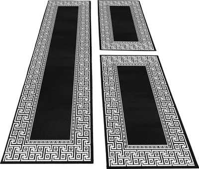 Produktbild von Bettumrandung Läufer Teppich mäander optik bordüre Muster 3 Teilig Schwarz Grau, Farbe:Schwarz, Bettset:2 mal 80x150 cm + 1 mal 80x300 cm