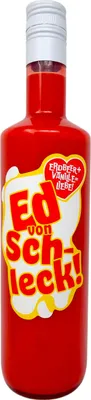 A red bottle of Ed von Schleck liqueur with a white cap and a yellow and white label.