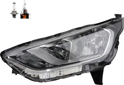 Zdjęcie produktu dla Reflektor lewy i żarówka + obudowa kierunkowskazu LED, kolor czarny, pasujące do Ford Transit, numery części: 3242096, 2450635, 2646582, KT1B13W030AE, KT1B13W030AF. Producent: Johns