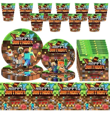 Produktbild von Kindergeschirr-Set Minecraft Party Deko Set 10 Gäste Gaming Teller Geburtstag Kinder