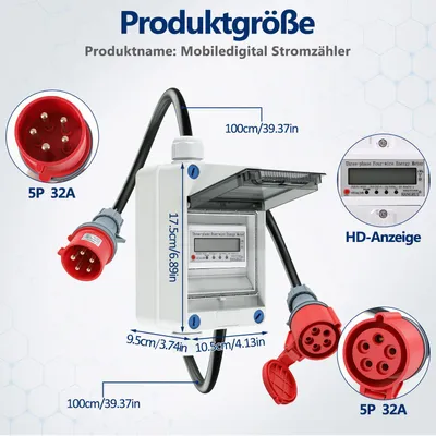 Obrázek produktu pro Digitální elektroměr pro měření spotřeby energie, určený pro mobilní aplikace, 32A, 400V, konektor CEE 5P, mezipřepínač, stupeň krytí IP66