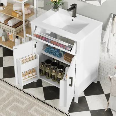 Produktbild von Bodenstehender Badezimmerschrank mit Waschbecken,Waschtisch,Volllackierung, Doppeltür Regale, praktische Schubladen, verstellbare Regale