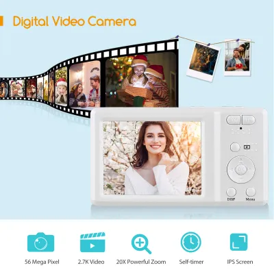 Obrázek produktu pro Přenosný 2,7palcový TFT digitální fotoaparát, 56 MP, 4K Ultra HD, 20násobný zoom, automatické zaostřování, samospoušť, rozpoznávání obličeje, stabilizace obrazu, se 2 bateriemi