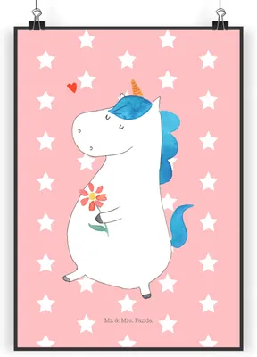 Produktbild von Mr. & Mrs. Panda Bild Einhorn Spaziergang DIN A3 - Rot Pastell - Geschenk, Wandbild, wanddeko, Motivation, Unicorn, Plakat, Blumen, drucke, Designposter, Glitzer, Freude