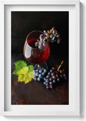 Produktbild von Glas Wein und Weintrauben– Wandbild mit Rahmen – Gerahmtes Bild  – Wanddekoration – 40x60 cm – Weiß