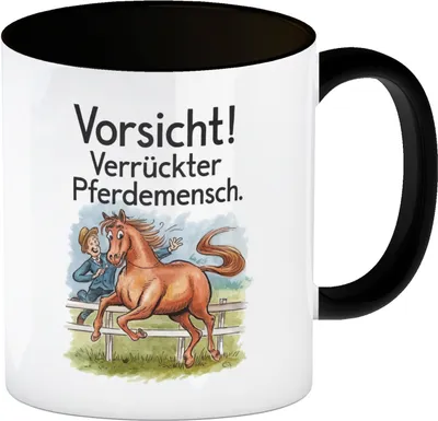 Produktbild von Vorsicht! Verrückter Pferdemensch Kaffeebecher in schwarz