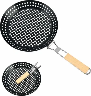 Immagine prodotto di Padella grill portatile forata da 12 pollici, antiaderente, con manico in legno, per attrezzature da campeggio; padella per kebab per barbecue all'aperto