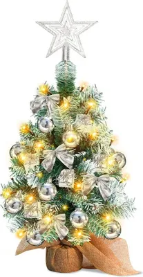 Productafbeelding van Bettizia 40 cm mini kerstboom met 30 warmwitte LED's, 8 lichtmodi, met rode decoraties, met ster als boomtop, werkt op batterijen, voor Kerstmis, zilverkleurig
