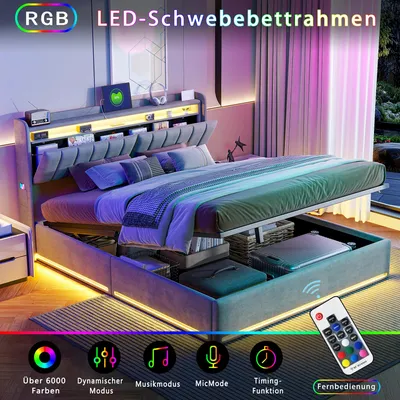 Image de Lit double tapissée 140x190 cm - Velours - Avec espace de rangement et éclairage LED