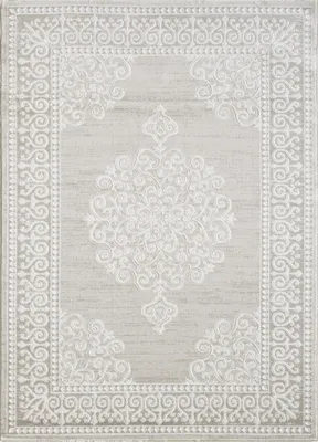 A top-down view of a rectangular rug with a traditional ornate pattern.