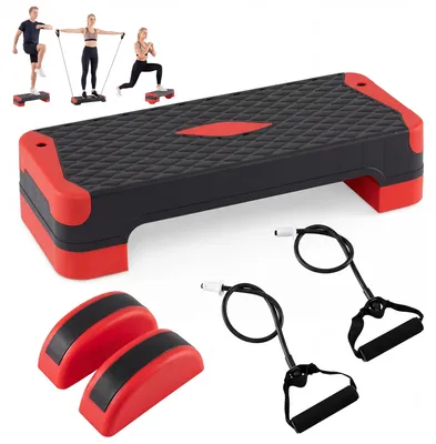 Produktbild von KOMFOTTEU Steppbrett, 4 Stufen Höhenverstellbar 10/14/15/19,5 cm, 3-in-1 Aerobic Stepbrett mit Balance Trainern, Widerstandsbändern & rutschfesten Pads, Fitness Stepper für Zuhause