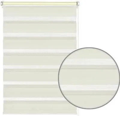 A close-up view of a cream-colored roller blind with alternating opaque and sheer stripes, shown both fully extended and in a magnified circular inset.