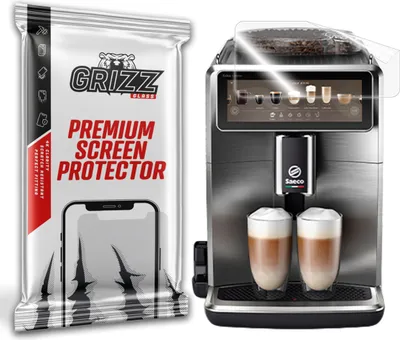 A product packaging for a screen protector is shown next to a coffee machine.
