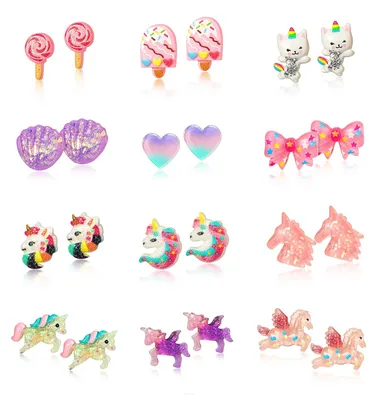 Immagine prodotto di Clip-on per orecchini per bambine, 12 paia, design unicorno, senza bisogno di piercing, perfetti per il gioco di ruolo