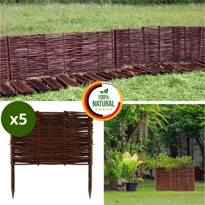 A collage of images showing woven willow garden edging and planters in a garden setting.