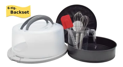 Produktbild von 6-teiliges Backset inkl. Backform, Tortenplatte mit Haube, Messbecher, Teigschaber & 2 Schneebesen – ideales Set für Backliebhaber