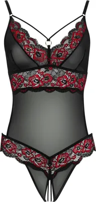Produktbild von Spitzen-String-Bodysuit im Schritt - Schwarz/Rot