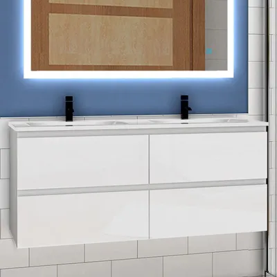 Produktbild von Waschtisch mit Unterschrank 120cm Alast Badmöbel Set Hochglanz Weiß Keramik Waschbecken mit Unterschrank MDF Softclose