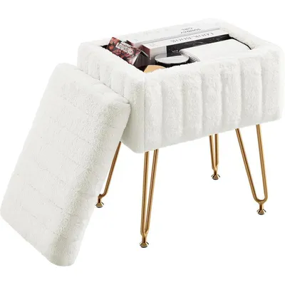 Immagine prodotto di ZMH Pouf con vano portaoggetti, design moderno, rivestito in ecopelle, struttura in metallo, multifunzionale, pouf per cambiarsi, ideale per camera da letto e ingresso, bianco