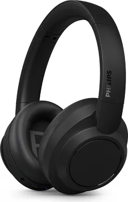 A studio shot of a pair of black Philips wireless headphones.
