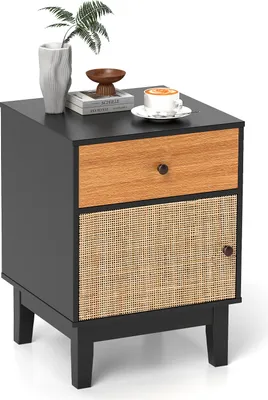 Zdjęcie produktu dla Stolik nocny COSTWAY rattan, szafka nocna z szufladą i szafką, stolik boczny, stolik na sofę, konsola nocna w stylu boho 40x39x55cm