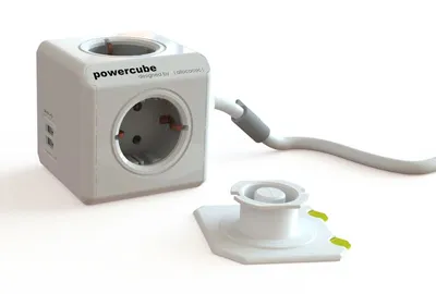 Produktbild von allocacoc PowerCube DuoUSB Extended Grau EU, 4 fach Steckdosenverteiler mit 2,1 A USB Ladestrom, Weiß Grau