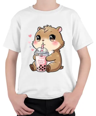 Obrázok produktu pre Tričko s potlačou "Boba Love Hamster Bubble Tea Kawaii Anime", biela farba, uni, detská veľkosť 140