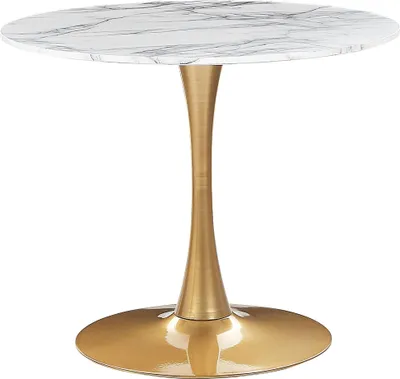 A round dining table with a marble-look top and a gold pedestal base.