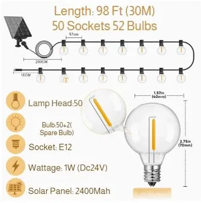 Obrázok produktu pre G40 Solárna svetelná reťaz – vonkajšia reťaz s žiarovkami – 18 m – 30 LED žiaroviek – diaľkové ovládanie – stmívateľná – IP44 – napájanie zo solárnej energie