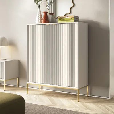 Produktbild von Moderne Geriffelte Hochkommode KIOTO KW2D Kaschmir Gold Gestell Schrank Highboard