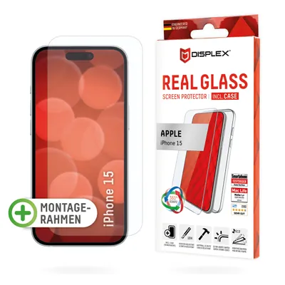 Immagine prodotto di Vetro temperato DISPLEX + custodia protettiva per Apple iPhone 15, cornice di montaggio ecologica, resistente ai graffi, Apple, iPhone 15, applicazione a secco, resistente agli urti, resistente ai graffi, resistente alla polvere, trasparente, 1 pezzo